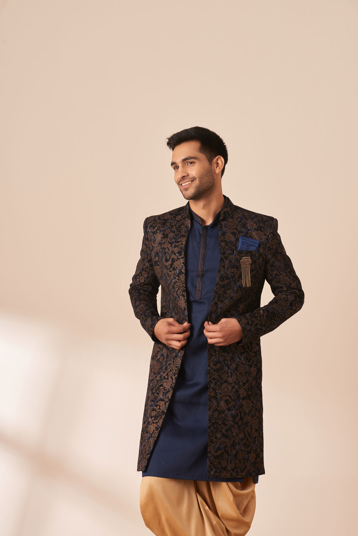 alt message - Manyavar Men Dark Blue Velvet Jacket Style Indo Western image number 0